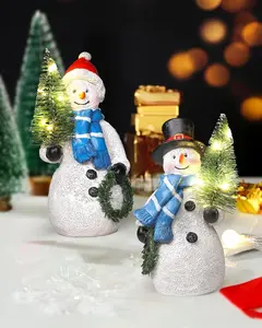 Snowmen Figurines with Lighted Christmas Tree and Wreath 5'' - Set of 2 Battery Operated - Holiday Decorations Home Decor (Snowman)