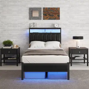 Twin Size Bed Frame with Charging Station and LED Lights, Black Upholstered Headboard with 2-Tier Storage Shelves, Metal Bed Frame with Headboard, No Box Spring Needed, Easy Assembly, Black
