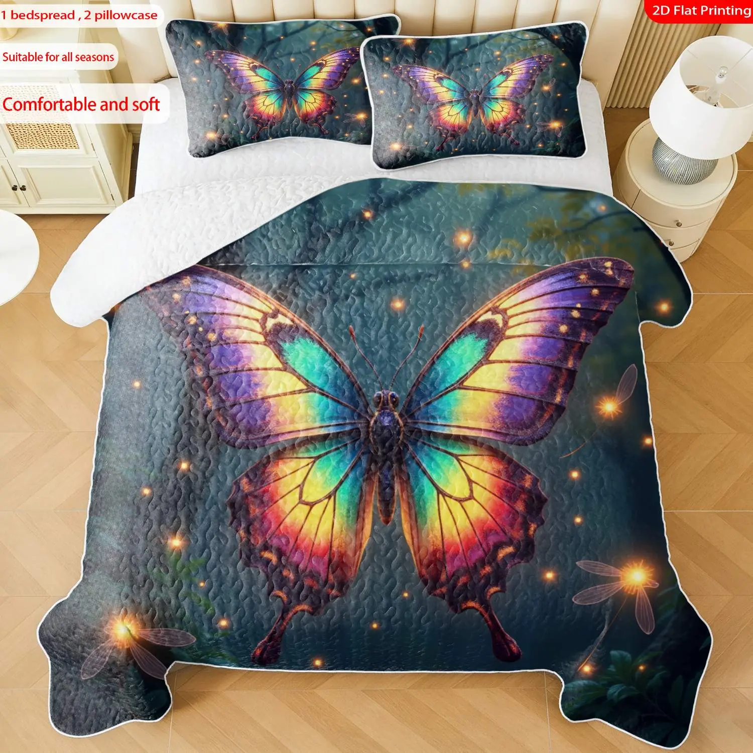 3pcs, 2D flat print Colorful Butterfly & Firefly Pattern Quilted Bedspread Set multiple sizes available, bedding set, festive decorative bedding, ideal for bedroom décor(1 bedspread , 2 pillowcase)