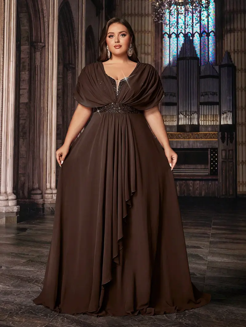 open lace back dress Final Sale Plus Size Long Sleeve Faux Wrap Evening Gown in Confetti Dot Knit Sequin in Black main image 0