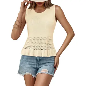 Womens Crochet Crop Tank Tops Sleeveless Crew Neck Ruffle Summer Boho Knit Sweater Vest Casual Womenswear