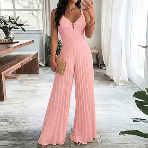 ChicMe Women's Metal Decor Deep V-Neck Adjustable Spaghetti Straps Hollow-out Front Overalls Casual Shirred Back Cinched Waist Pleated Wide Leg Jumpsuit