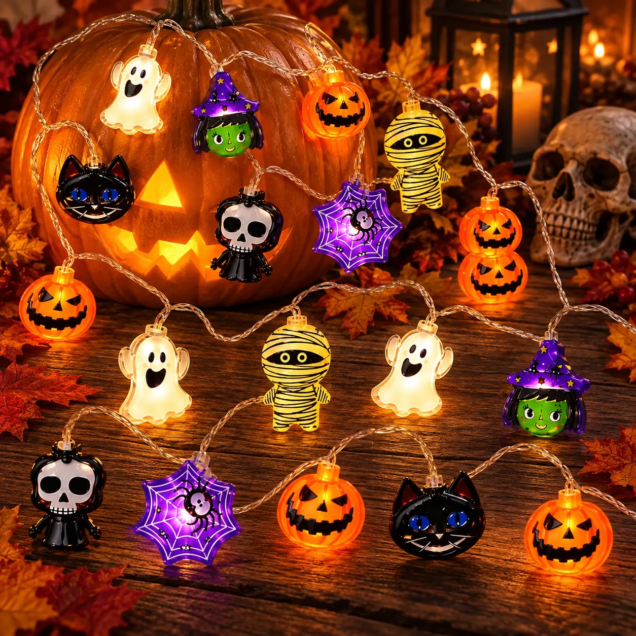 20 LED Halloween String Lights, Colorful Mixed Character Lights with Pumpkin, Ghost, Witch, Mummy, Black Cat, Skull & Spider Web, Battery Operated Steady and Flashing Fairy Lights for Bedroom, Window, Staircase, Porch, Halloween Party Decor