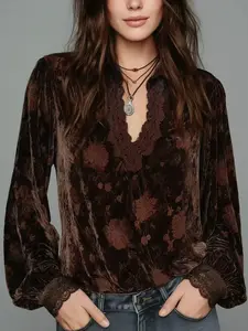 Women's French Fashion Vintage Deep V Long Sleeve Velvet Lace Patchwork Floral Print Top, Fitted Round Neck Shirt for Fall & Winter