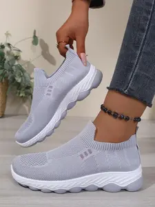 Women's Slip-On Sport Shoes, Breathable Knit Fabric, Soft Sole, Round Toe, Casual Style, All Seasons, Comfortable Walking Shoes