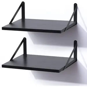 Black Floating Shelves for Wall, 12 Inch Deep  Wall Mounted Shelves Set of 2, 16W x 12D Wide Floating  Shelves for Bathroom Bedroom Kitchen Living Room, Black
