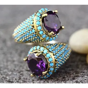 Luxury natural gem Amethyst and Turquoise Ring women's party anniversary boutique jewelry