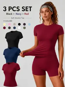 Women’s 3 Pack Short Sleeve Workout T Shirts Buttery Soft Four Way Stretch Cooling Comfortable Breathable Slim Fit Solid Color Crew Neck Yoga Tops Moisture Wicking Quick Dry Gym Outdoor Running Daily Casual Activewear Fitness Tees