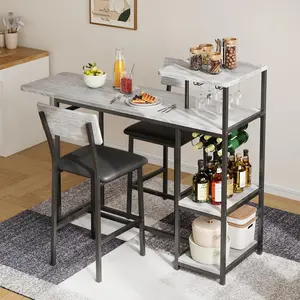 Bar Table and Chairs Set for 2 – 3‑Piece Dining Table Set with Storage Shelves, Cup Holder, Wine Rack & 2 PU Leather Bar Stools – Kitchen Dining Tables for Small Space, Apartment