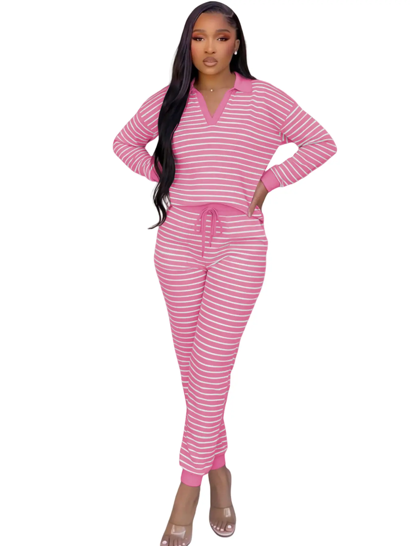 USBOUTIQUE CHIC Women's 2-Piece Striped Loungewear Set, Polo V-Neck Long Sleeve Top + Drawstring Waist Jogger Pants Casual Tracksuit