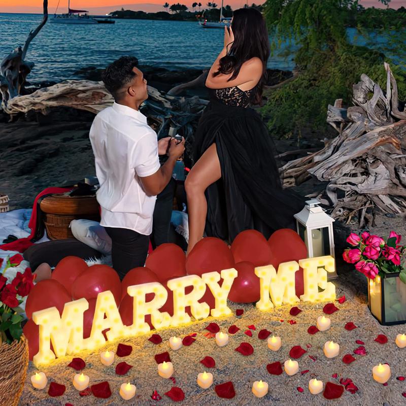 Marry Me Light Up Letters Proposal Decorations, Marry Me Sign with 24Pcs Flameless Candles 2000Pcs Red Fake Rose Petals 30Pcs Red Balloons for Valentine's Day Wedding Proposal Romantic Night Led Lighted Smooth Wall Ornaments Standing