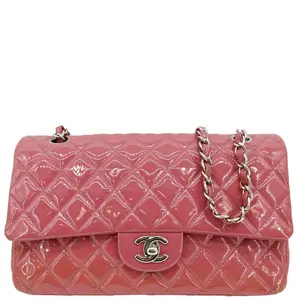 Pre-owned CHANEL Quilted Patent Leather Shoulder Bags Classic Double Flap Medium Shoulder Bag Dark Pink