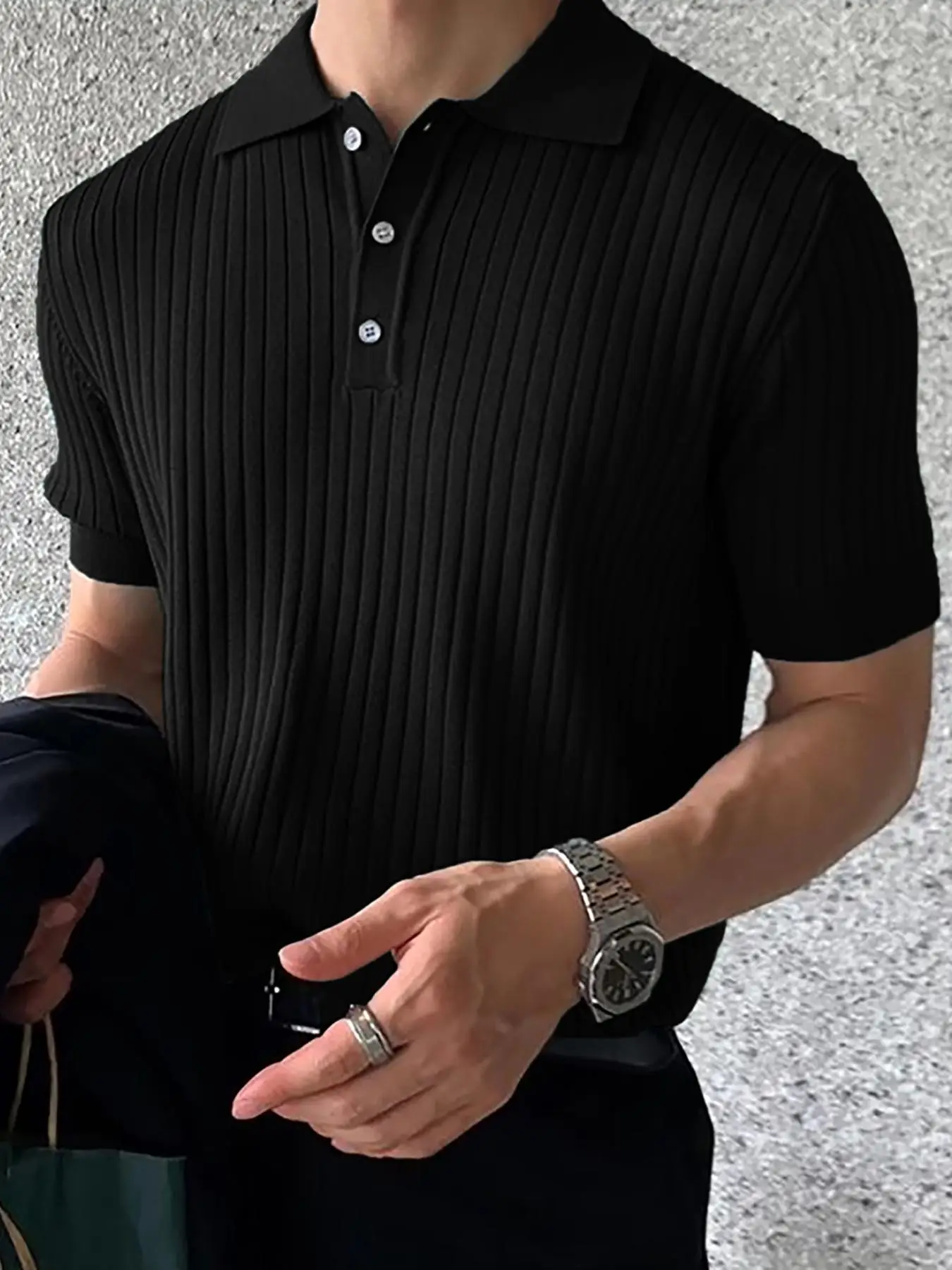 Men's Regular Fit Solid Short Sleeve Knit Polo Shirt, Casual Business Button Front Half Placket Ribbed Knit Top for Summer, Fashion Men's Knitwear for