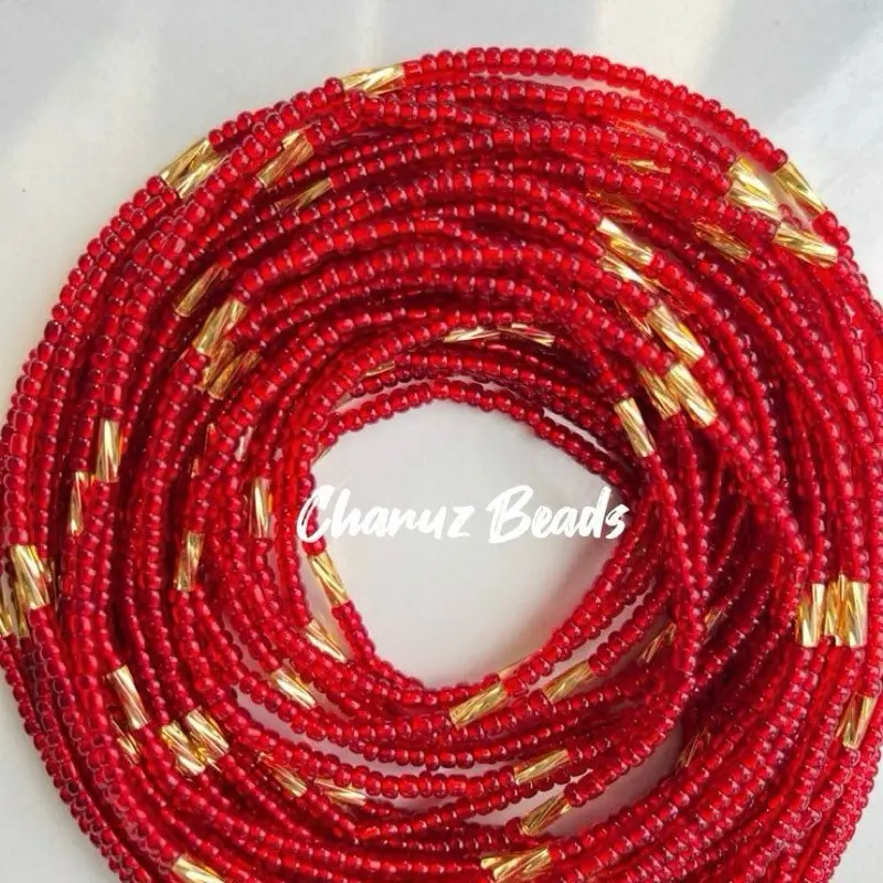 Accents Waist Beads, Glamorous Red and Gold Tube Bead Body Chain for Women, Adjustable Size for Confidence, 25-45 in, Curves