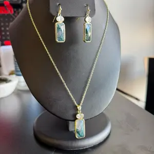 Moss agate earrings and necklace set 14k gold plated 925 sterling silver