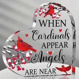 When Cardinals Appear Angels Are Near Heart Acrylic Plaque, Red Cardinal Memorial Gift, Sympathy Remembrance Keepsake, Bereavement Gift for Loss of Loved One, Tabletop Decor