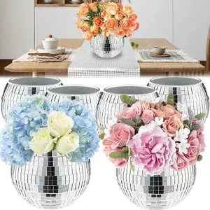 6 Pcs Disco Ball Vase,Disco Ball Planter for Centerpieces with Disco Tablecloth,5" X 6" Silver Glass Mirror Ball Disco Ball Decor Applicable for Wedding,Party,Birthday