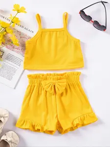 Two-Piece Set Baby Girl's Solid Ribbed Crop Tank Top & Bow Decor Shorts, Cute Casual Sleeveless Top & Shorts for Daily Wear, Infant Toddler Kids Summer Clothes, Outfit, Baby Clothing