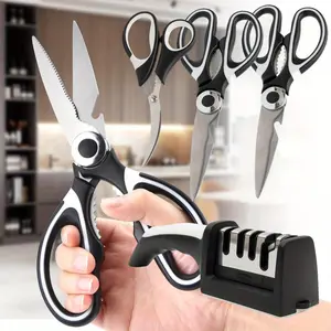 3 Pieces Multi-Purpose Kitchen Scissors & Sharpener, Heavy Duty Meat and Poultry Shears Seafood Scissors, Stainless Steel Blades, 2 Kitchen Scissors, 1 Seafood Scissors, Black