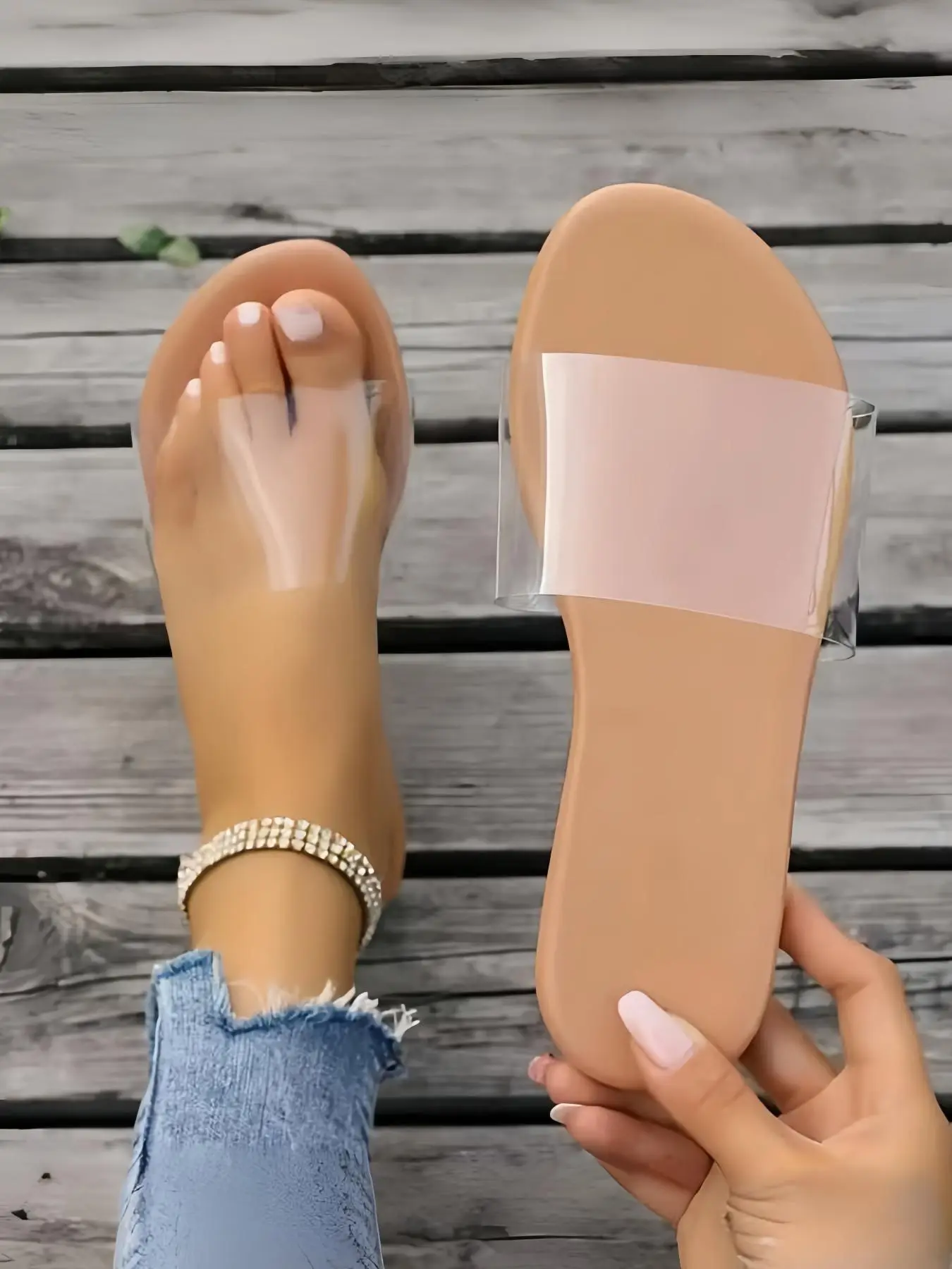 Women's Simple Plain Transparent Band Slip on Slide Sandals, Apricot Casual Comfortable Non-slip Sandals for Summer, Lightweight Breathable Shoes for