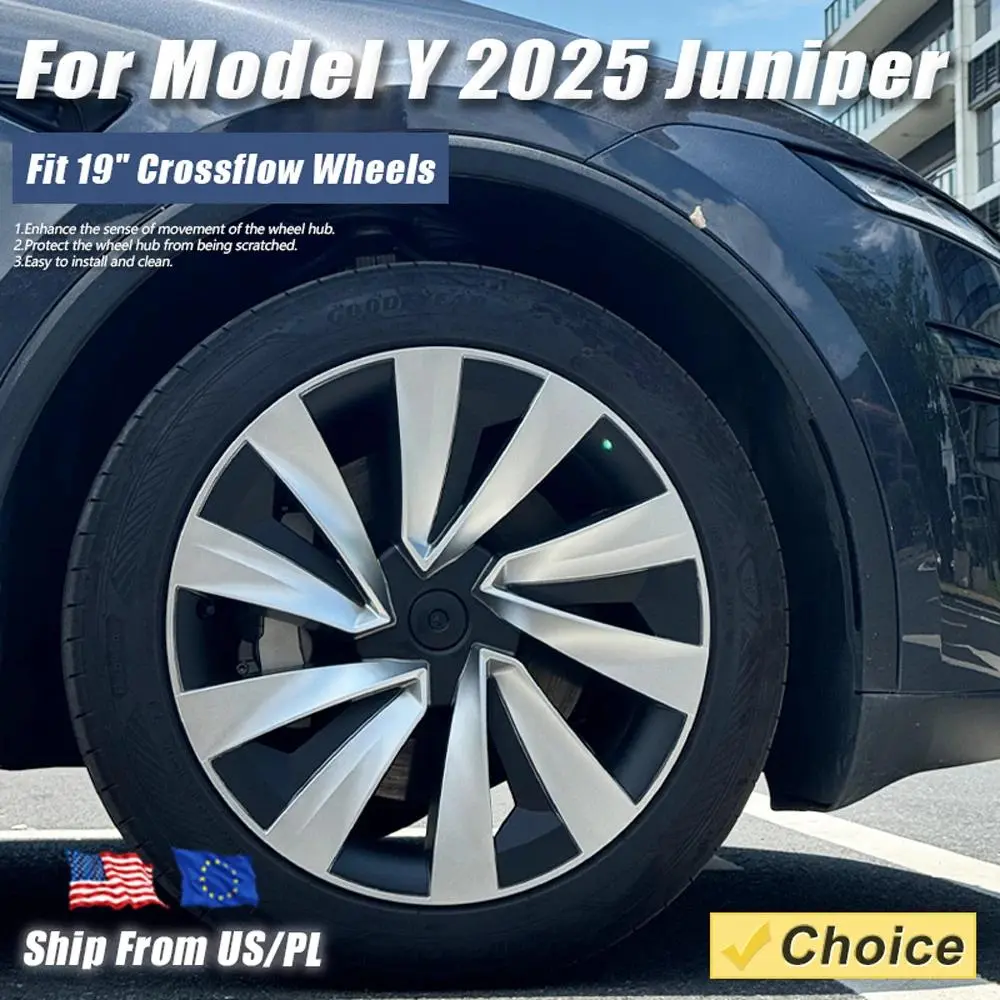 Matte Black 19in Full Rim Cap Wheel Covers (4PCS) - ABS Plastic Car Accessories, Accessories for Car, Juniper 19" Scratch Guard, Snap-In Install Replacement Hub Caps with Center Sticker Covers (4) & Sponge Foam Strips (4) for 2025 Tesla Model Y Juniper