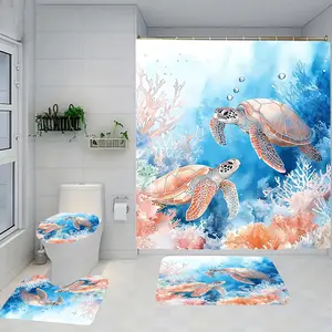Sea Turtle Bathroom Set Includes Shower Curtain and Rug, Non-Slip Bath Mat, U-Shaped Toilet Lid Cover Pad, Modern Home Decor Accessories