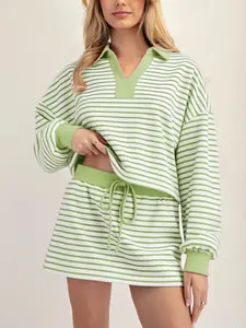 Women's Fashion Casual Striped Knit Top & Drawstring Waist Skirt Set, Loose Fit Home Wear, Comfortable Two-Piece