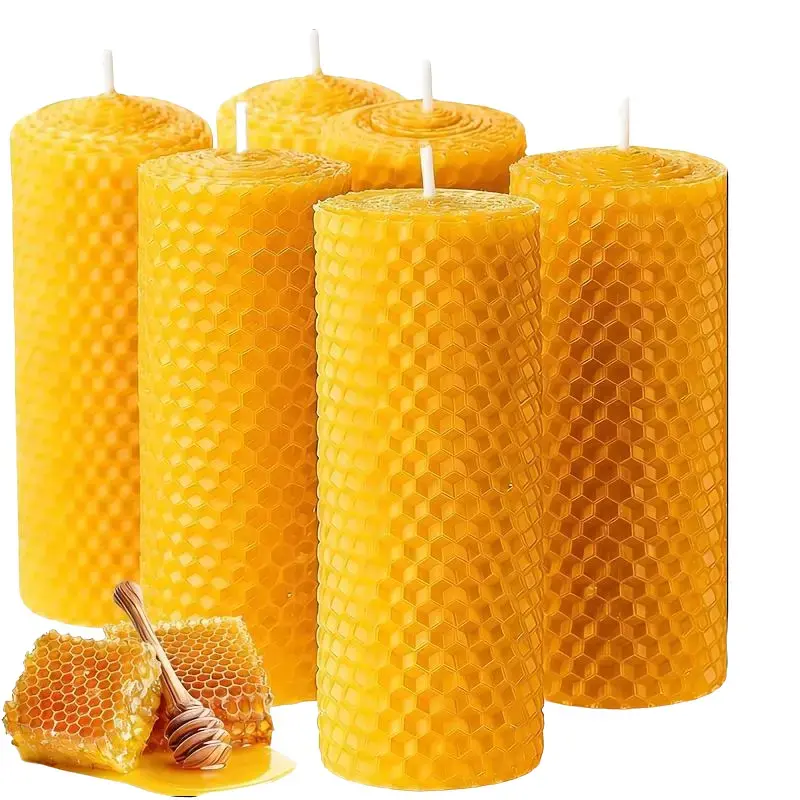 6pcs 3.5x10cm Yellow Beeswax Pillar Candles Pack, Minimalist Handmade Honeycomb Texture, Unscented Mild Honey Aroma, Clean Burning Household Decoration for Home Holiday Mood Lighting, Gift Souvenir