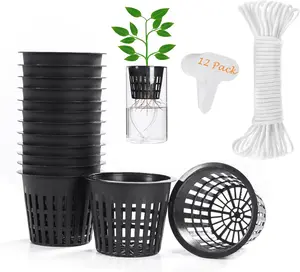 12 Pack 3-Inch Net Pots with Wicks & Plant Labels – Hydroponic Mesh Cups with 12ft Self-Watering Wick, Ideal for Kratky, Mason Jar, Aquaponics, Orchids, Vegetables, Indoor Garden Setup