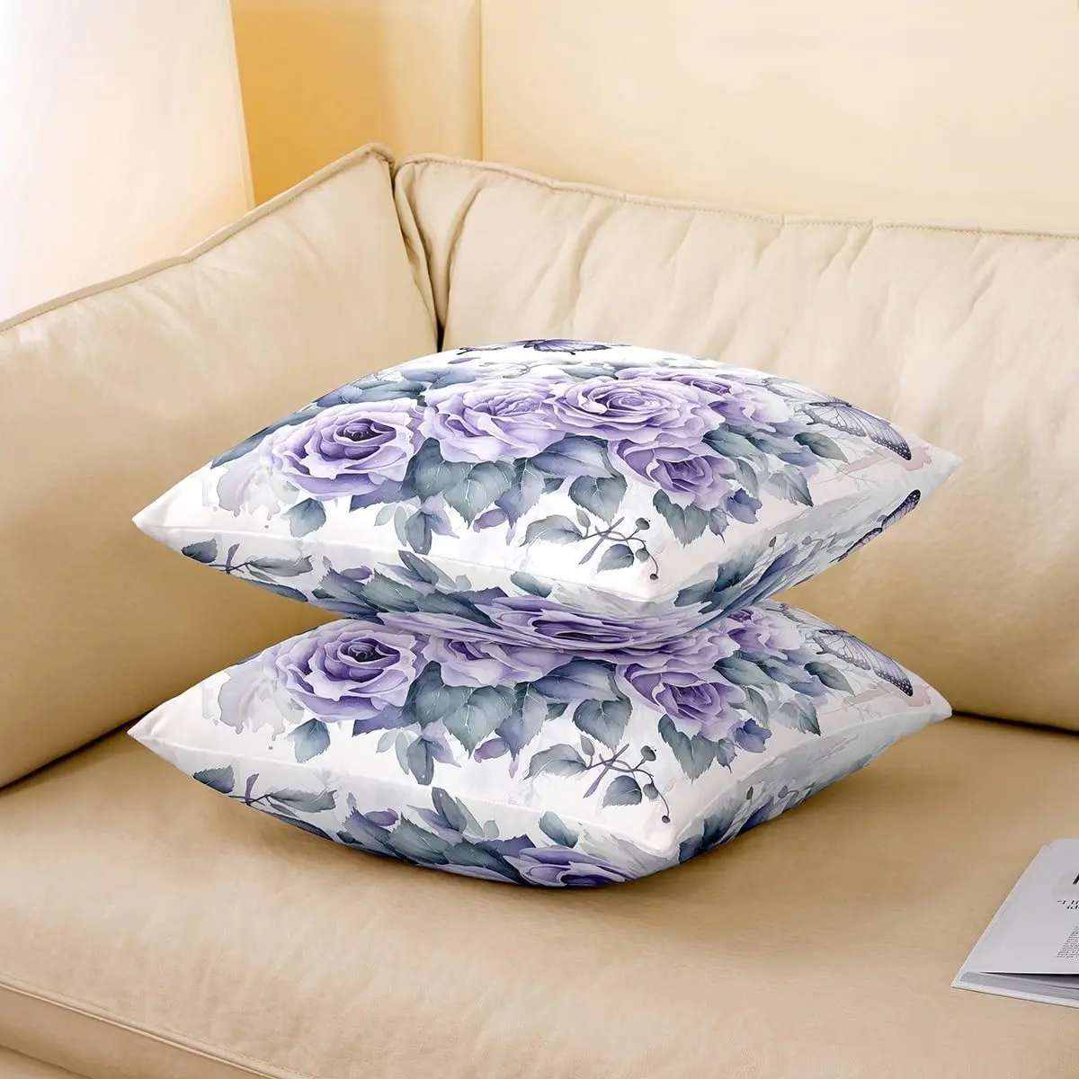 Feelyou 18"x18" Machine-Washable Zip Decorative Throw Pillow Covers, Set of 2, Purple Flower & Butterfly Plant Motif Soft Cushion Cases for Soft Cushions, Machine-Washable Cushion Covers