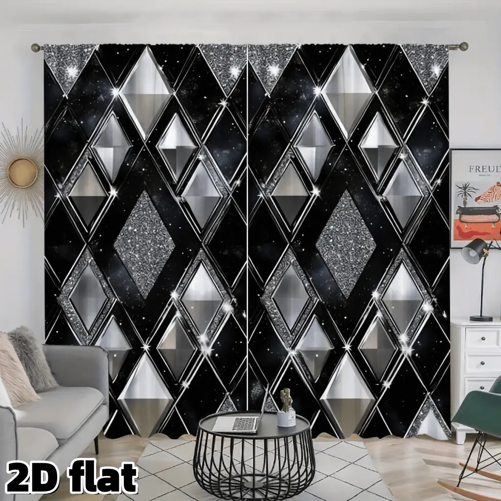 2D 2Pcs Modern Geometric Diamond Pattern Curtains, Window Drapes, Home Decorative Curtain, with Glitter Effect, Metallic Silver Black Design, Rod Pocket Style, Semi Sunshade Polyester Fabric, Suitable for Home Window Treatment & Decoration
