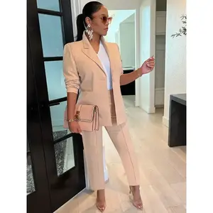 Elegant Work to Wear Two Piece Set for Women Single Button Blazer Coat and Pants Office Lady Business Suit Matching Sets Uniform Formal Beige Longsleeves Check Light Womenswear Basic Fitted Minimalist