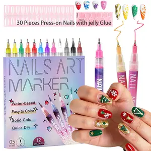 12 Nail Art Pens Set with 30 Clear Press On Nails DIY Creative - 3D Nail Polish Pens Acrylic Paint Pens Nail Markers for Nail Art Drawing Painting Nail Point Dotting Liner Pen Manicure Tools Nail Design Kit Home Nail Salon Manicure Polish Cosmetic
