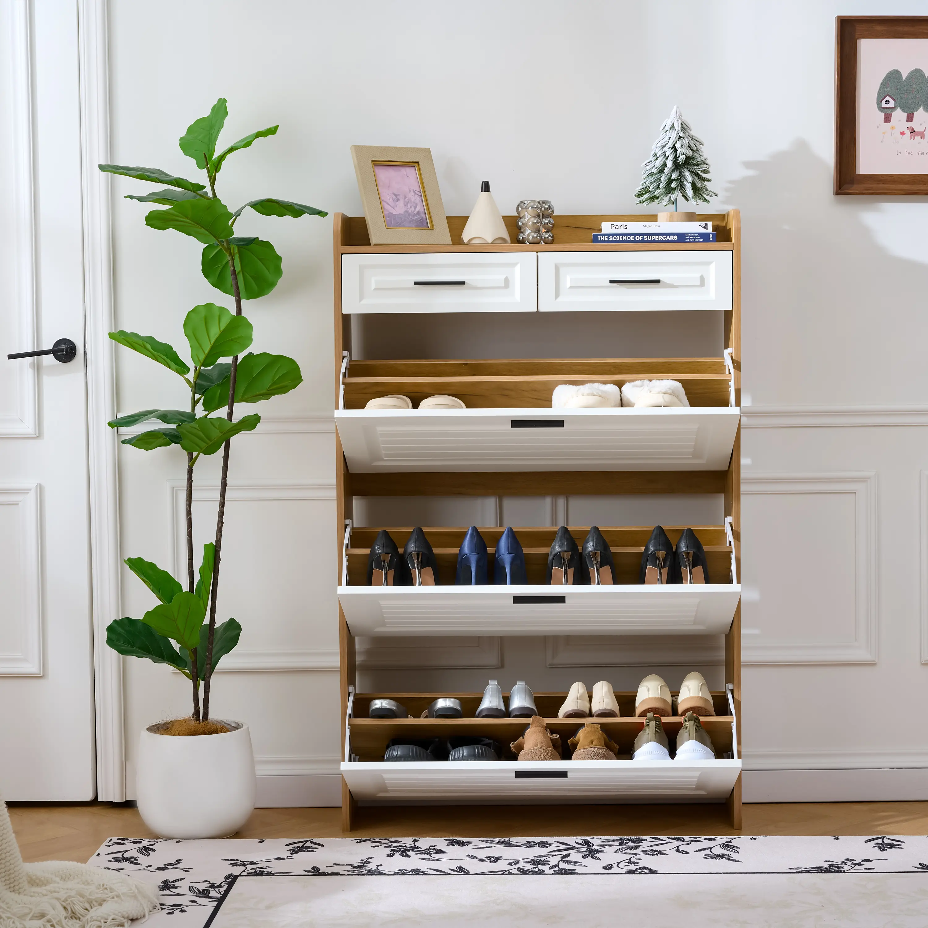 SAYGOGO Narrow Particle Board Shoe Cabinet - Freestanding Home Organizer with 3 Hidden Flip Drawers, 2 Storage Drawers for Entryway, Hallway (White-Walnut)