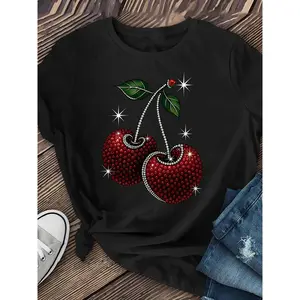 Shiny Cherry Print Women's Short-sleeved Shirts, Casual Short-sleeved T-shirts, Summer Women's Clothing, Casual Short-sleeved T-shirts