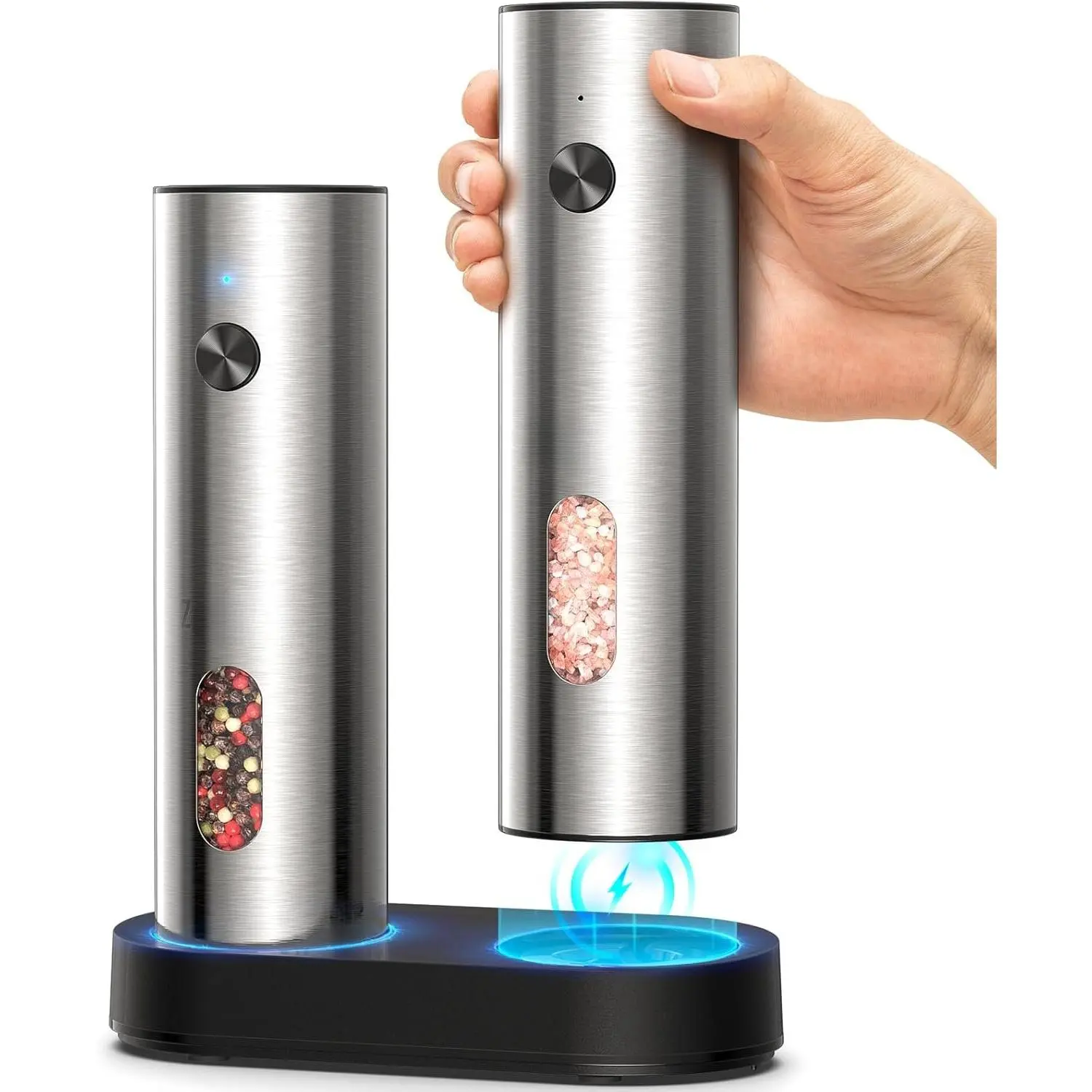 Electric Rechargeable 304 Stainless Steel Salt and Pepper Shaker Set - 110ml XL Capacity Seasoning Utensils, 1x USB-C Dual Base, Adjustable Coarseness, LED Light, Seamless Synthetic Build, Ideal for Mom, Dining Room Kitchenware
