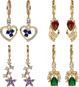 18K Gold Plated, 4 Pairs Charm Gemstone Drop Dangle Earrings Set for Women, Heart/Bow/Bowknot/Flower Design, Hypoallergenic Cubic Zirconia, Lightweight, Jewelry for Gifts