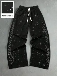 Y2K Starry Rhinestone Baggy Sweatpants | Men's Oversized Black Wide Leg Joggers with Crystal Script Graphic | Cyber Goth Hip Hop Streetwear Pants for Gen Z