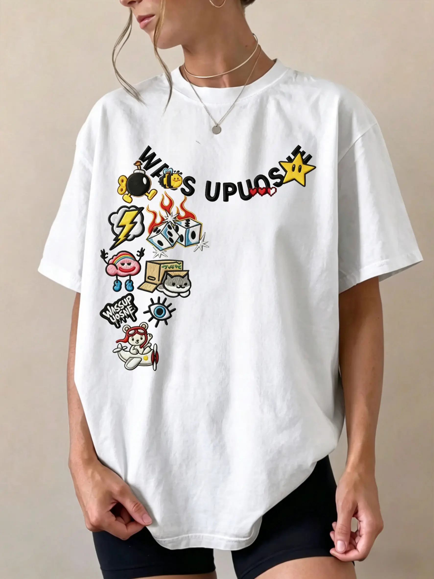 WISSUPOS Letter Print Graphic Crew-neck Short-sleeve T-shirt, Y2K