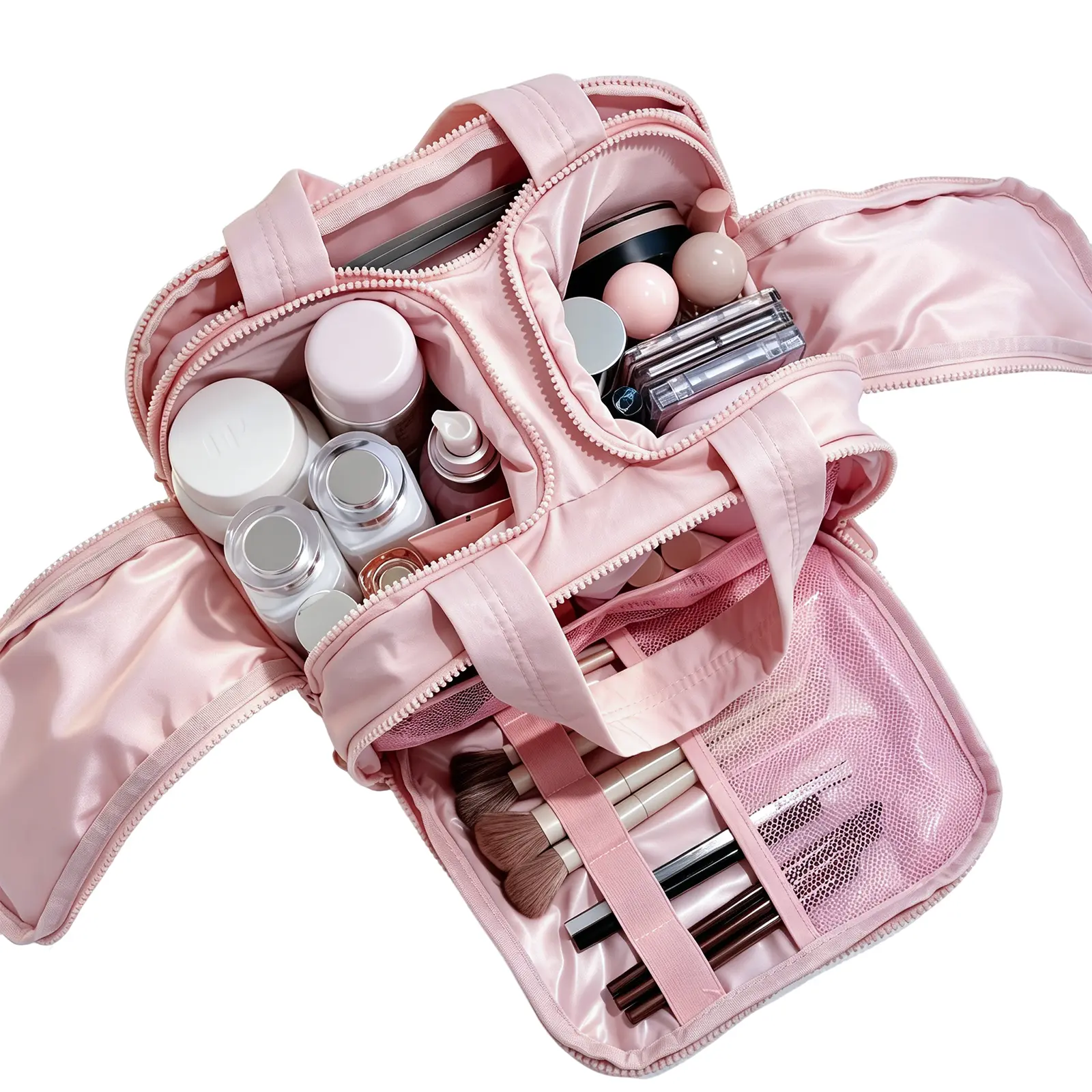 Large Capacity Travel Makeup Bag, Wide Open Pink Cosmetic Organizer with Multi Compartments, Portable Waterproof Toiletry Bag with Handle for Women, Ideal for Travel, Bathroom, and Daily Use