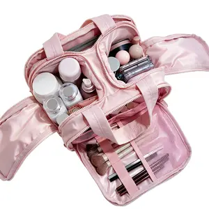 Large Capacity Travel Makeup Bag, Wide Open Pink Cosmetic Organizer with Multi Compartments, Portable Waterproof Toiletry Bag with Handle for Women, Ideal for Travel, Bathroom, and Daily Use