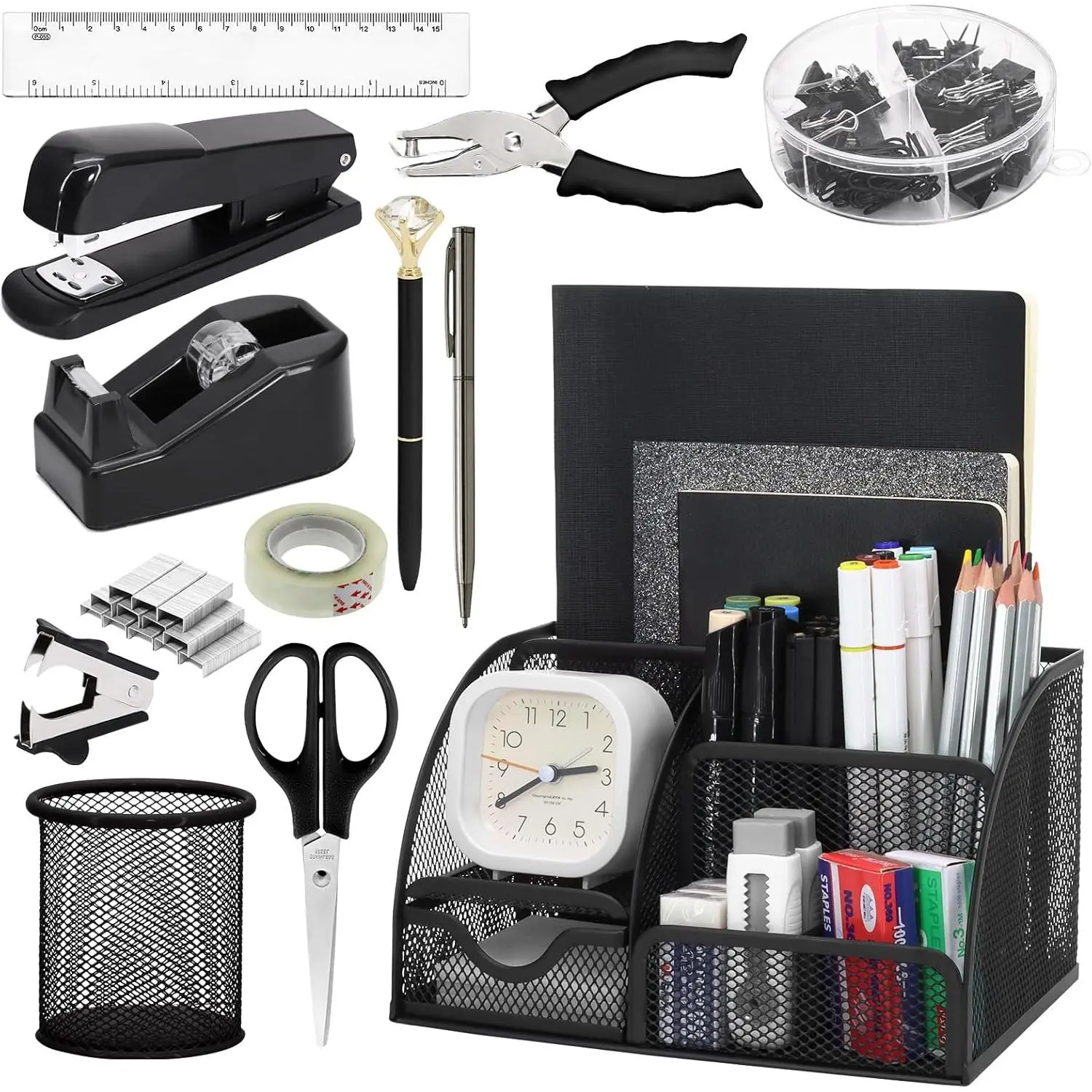 13-in-1 Office Desk Organizer Set with Stapler and Tape Dispenser, Pen Holder, , Ruler, Hole Punch, 2 Pens & More - All-in-One Desktop Accessories for Home Office School Supplies (Black)