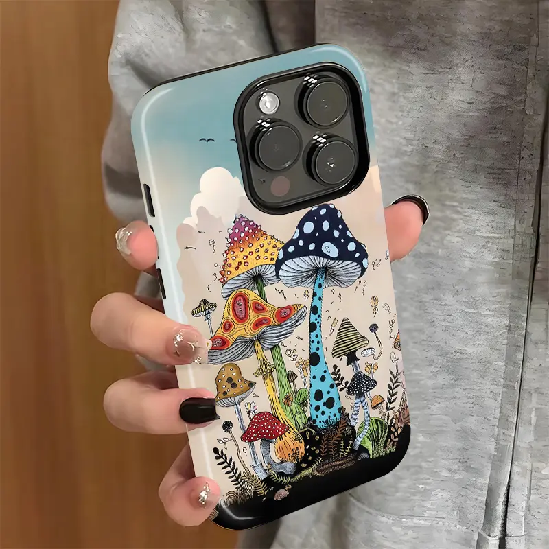 Mushroom Pattern Phone Case, Shockproof Rugged Cover Dual Layer Soft TPU Hard Bumper Hard Shell for iPhone 11 12 13 14 15 16 Pro Max Plus Tough Design
