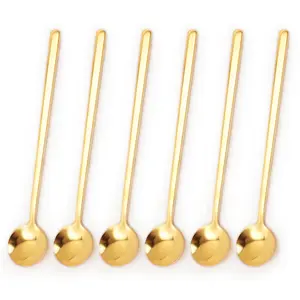6PCS 6.69 Inches Gold Coffee Spoons, Long Handle Stainless Steel Stirring Spoons for Espresso, Tea, Dessert, Ice Cream, Cake - Bar & Home Accessories