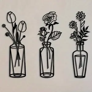 Minimalist Metal Floral Wall Decor Hanging Art Iron Flower Vase Sculpture for Living Room Bedroom Kitchen Bathroom Porch, Decoration Artwork, Home Decor Products