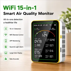 Tuya WiFi Smart Air Quality Detector 15-in-1, Professional High Precision Laser Sensor CO2 Meter, CO HCHO TVOC AQI PM1.0 PM2.5 PM10 Particle Counter, Wireless Remote App Monitor Device with Alarm Clock