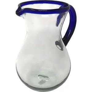 Cobalt Blue Rim & Handle Glass Pitcher – Juice, Margaritas, Water, Lemonade (84 oz)