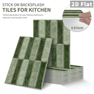 10PCS Color Box GST Dark & Light Green Contrast Vertical Strip PE Crystal Foam Tile Stickers Waterproof Oil-Proof Anti-Collision Wall Decor for Kitchen Bathroom Ceiling