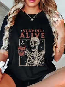 100% Cotton Unisex Staying Alive Halloween Costume Funny Skull Drinking Coffee T-Shirt