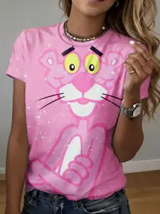 women's short sleeve T-shirt Pink Panther Character With Sparkle Background 3D full-frame printing spring and summer fashion trend sports women's soccer jersey design travel round neck sisters women's clothing gentle Sporty Fit Womenswear Everyday Outfits